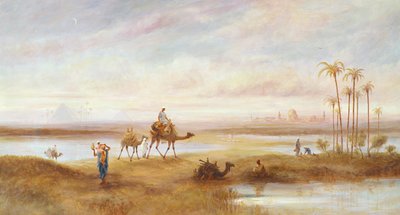 Figures and camels at an oasis by Frederick Goodall